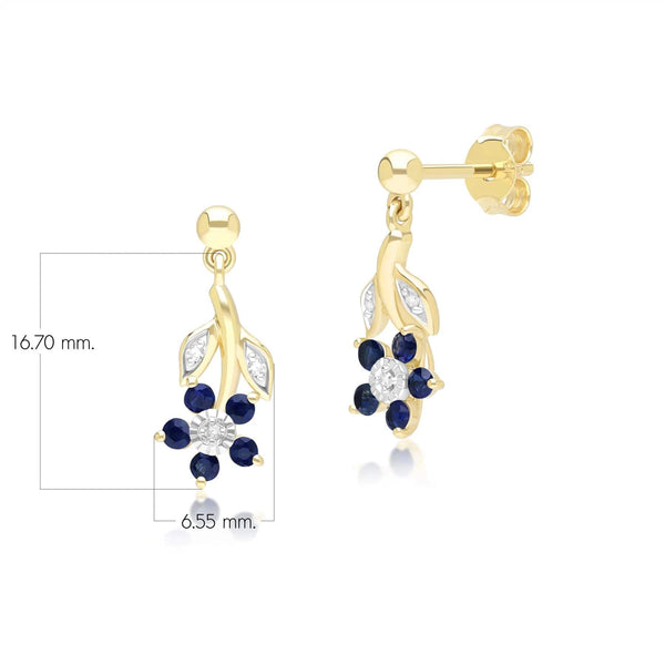 Gemondo Floral Sapphire & Diamond Drop Earrings In 9ct Yellow Gold