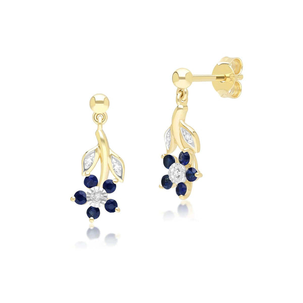 gemondo Floral Sapphire & Diamond Drop Earrings in 9ct Yellow Gold