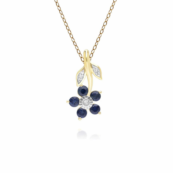 gemondo Floral Sapphire & Diamond Pendant Necklace in 9ct Yellow Gold