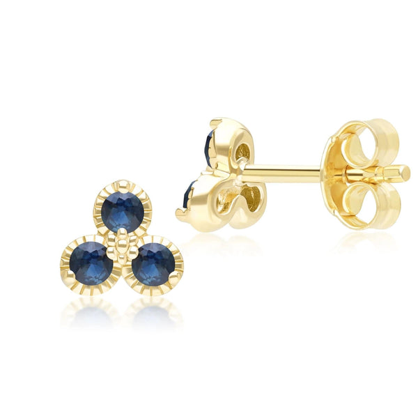 Gemondo Floral Sapphire Three Stone Stud Earrings In 9ct Yellow Gold