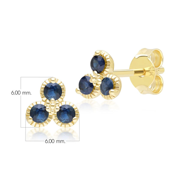 Gemondo Floral Sapphire Three Stone Stud Earrings In 9ct Yellow Gold