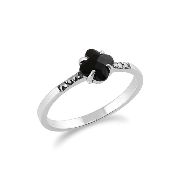 Gemondo Floral Square Black Onyx & Marcasite Ring In 925 Sterling Silver