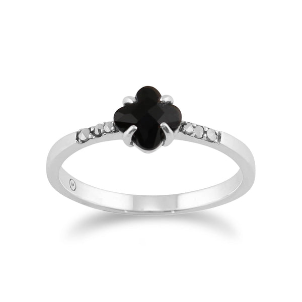 gemondo Floral Square Black Onyx & Marcasite Ring in 925 Sterling Silver