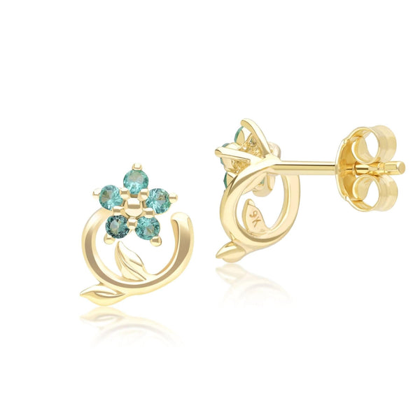 Gemondo Floral Vine Emerald Stud Earrings In 9ct Yellow Gold