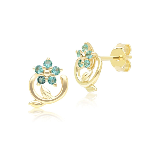 gemondo Floral Vine Emerald Stud Earrings in 9ct Yellow Gold