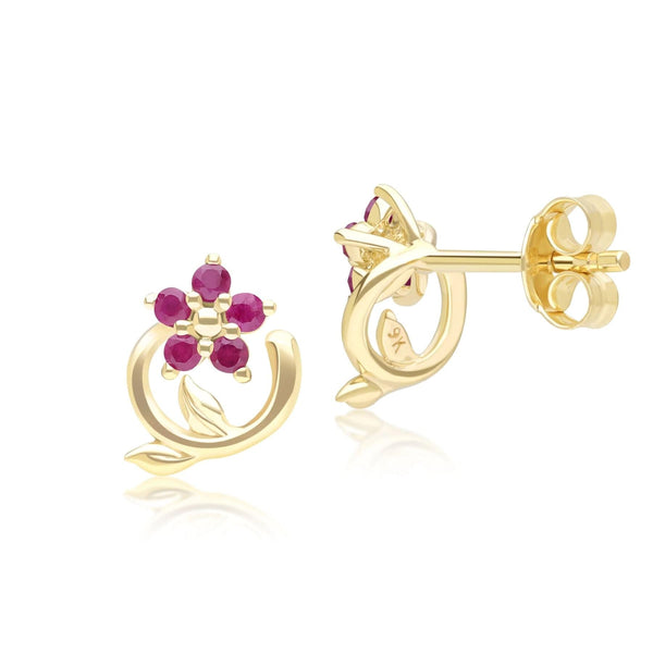 Gemondo Floral Vine Ruby Stud Earrings In 9ct Yellow Gold