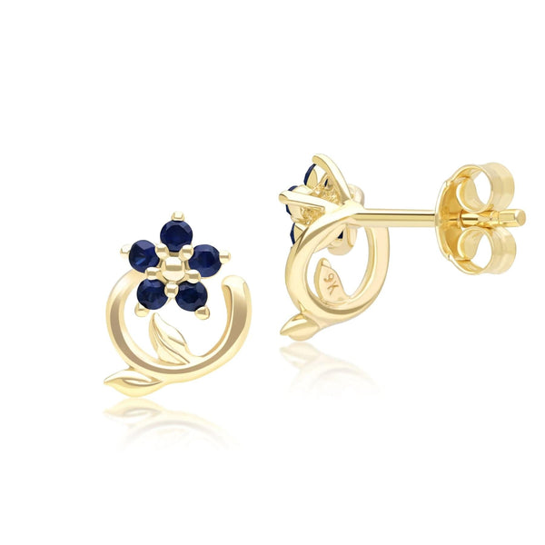 Gemondo Floral Vine Sapphire Stud Earrings In 9ct Yellow Gold