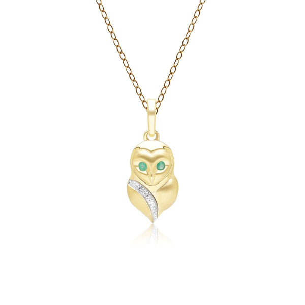 gemondo Gardenia Emerald and White Sapphire Owl Pendant Necklace in 9ct Yellow Gold