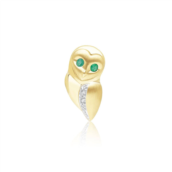 gemondo Gardenia Emerald and White Sapphire Owl Pin in 9ct Yellow Gold