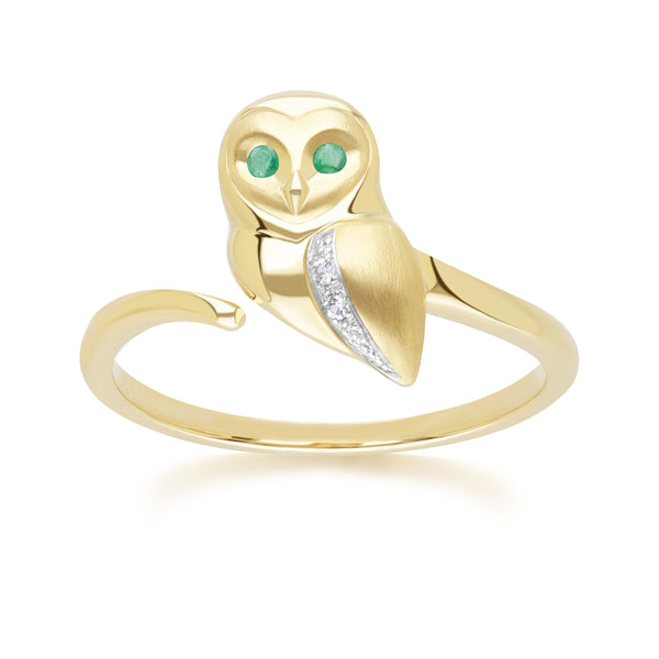gemondo Gardenia Emerald and White Sapphire Owl Ring in 9ct Yellow Gold