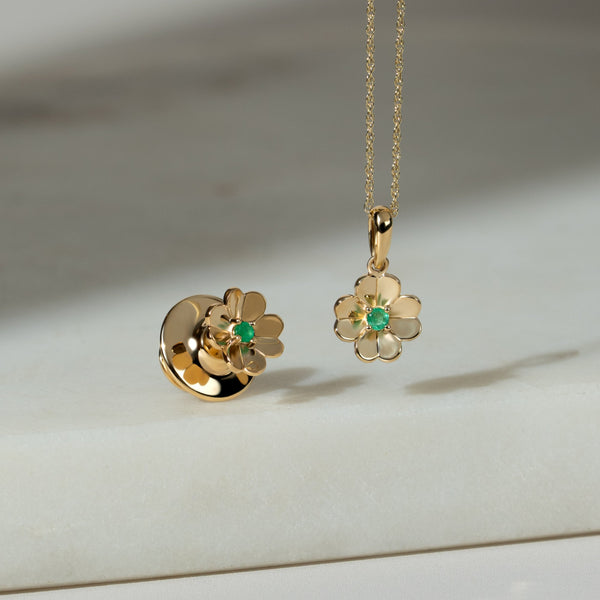 Gemondo Gardenia Emerald Clover Pin In 9ct Yellow Gold