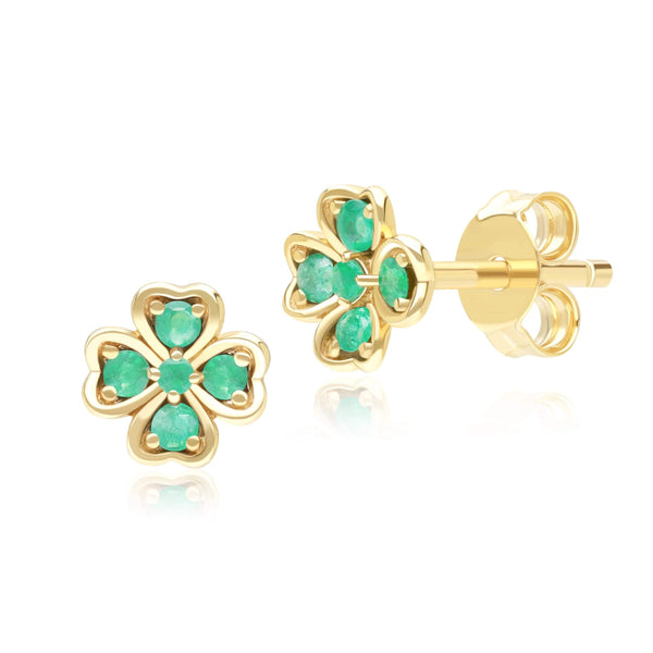 gemondo Gardenia Round Emerald Clover Stud Earrings in 9ct Yellow Gold