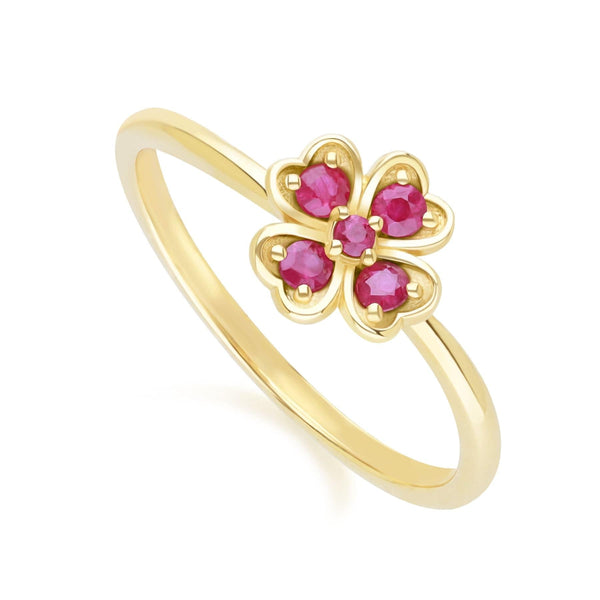 Gemondo Gardenia Round Ruby Clover Ring In 9ct Yellow Gold