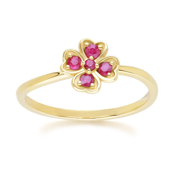 gemondo Gardenia Round Ruby Clover Ring in 9ct Yellow Gold