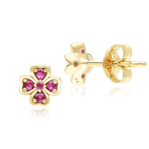 Gemondo Gardenia Round Ruby Clover Stud Earrings In 9ct Yellow Gold