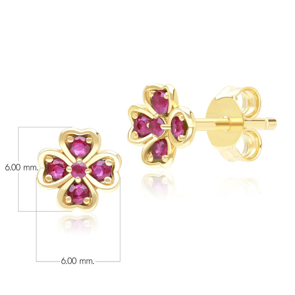 Gemondo Gardenia Round Ruby Clover Stud Earrings In 9ct Yellow Gold