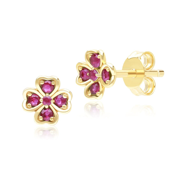 gemondo Gardenia Round Ruby Clover Stud Earrings in 9ct Yellow Gold