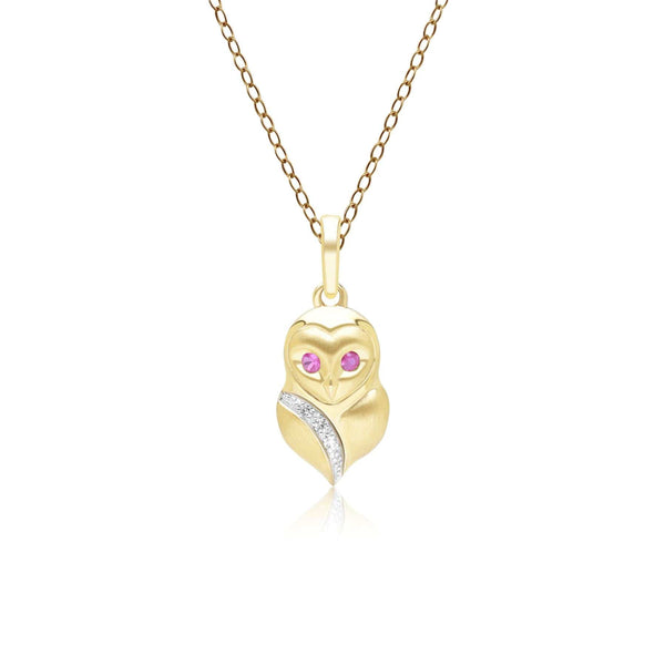 gemondo Gardenia Ruby and White Sapphire Owl Pendant Necklace in 9ct Yellow Gold
