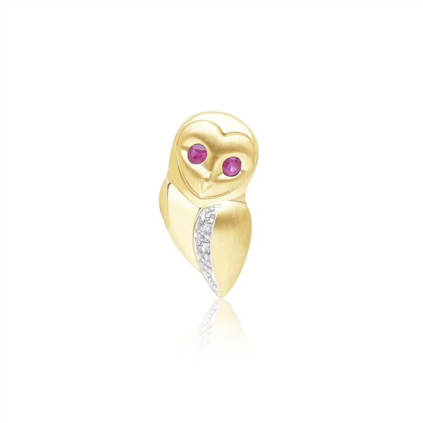 gemondo Gardenia Ruby and White Sapphire Owl Pin in 9ct Yellow Gold