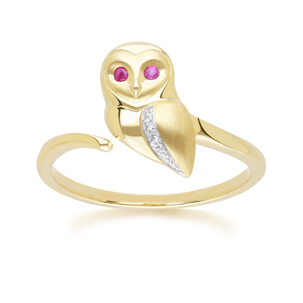 gemondo Gardenia Ruby and White Sapphire Owl Ring in 9ct Yellow Gold