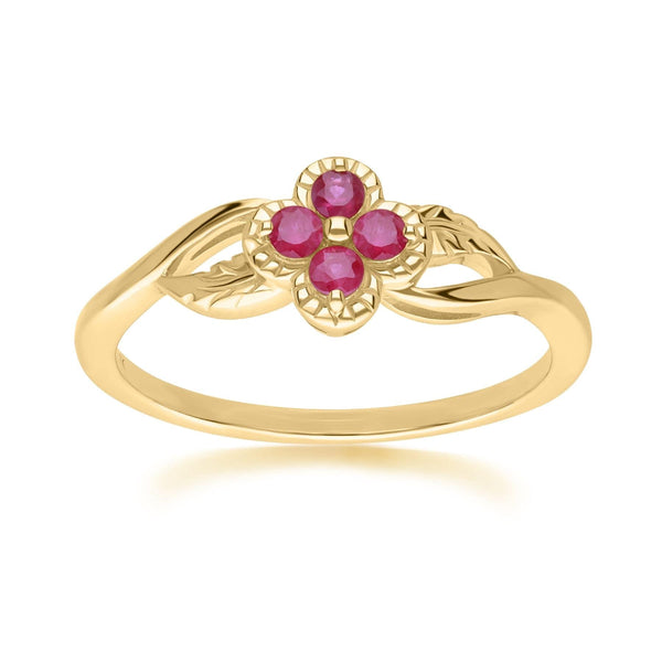 gemondo Floral Round Ruby Ring in 9ct Yellow Gold