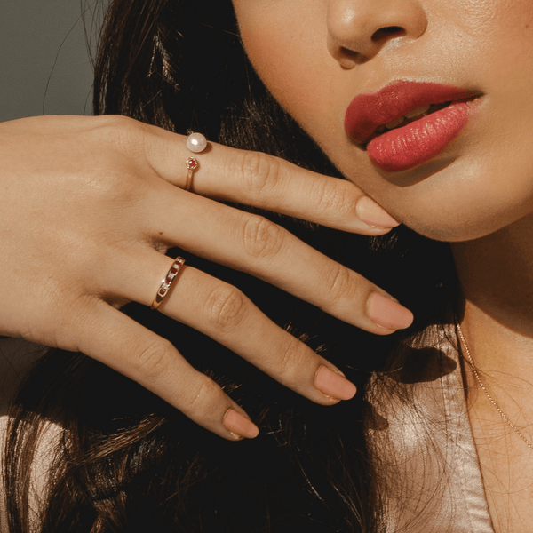 Gemondo Modern Pearl & Ruby Open Ring In 9ct Gold