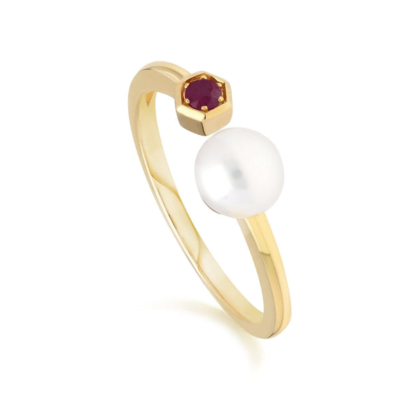 gemondo Modern Pearl & Ruby Open Ring in 9ct Gold