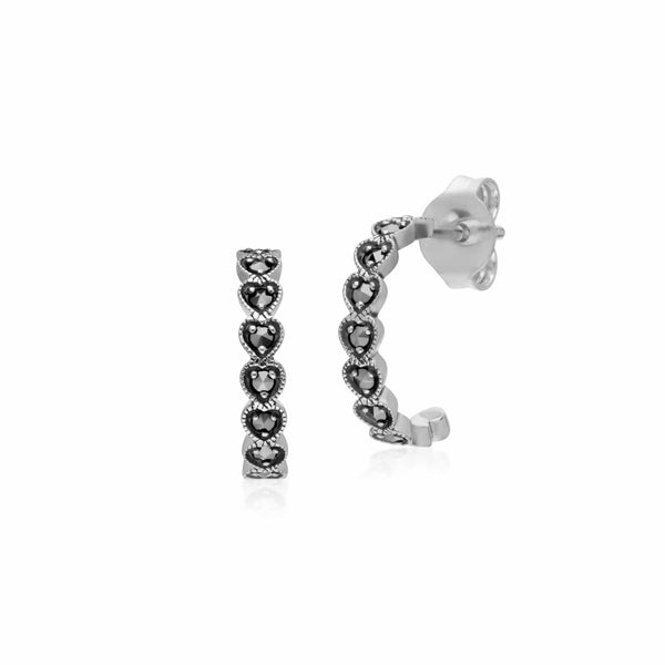 gemondo Geometric Heart Marcasite Half Hoop Earrings in 925 Sterling Silver