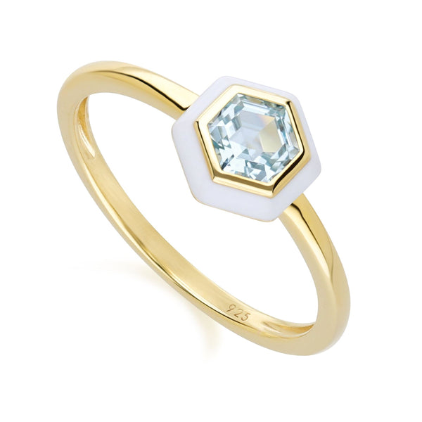 Gemondo Geometric Hex Blue Topaz And White Enamel Ring In Gold Plated Sterling Silver