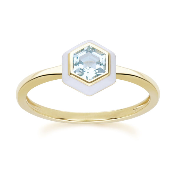 gemondo Geometric Hex Blue Topaz and White Enamel Ring in Gold Plated Sterling Silver