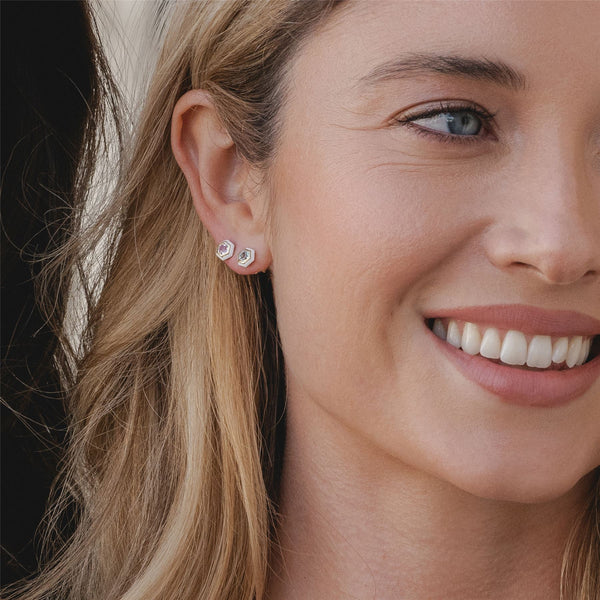 Gemondo Geometric Hex Blue Topaz And White Enamel Stud Earrings In Gold Plated Sterling Silver