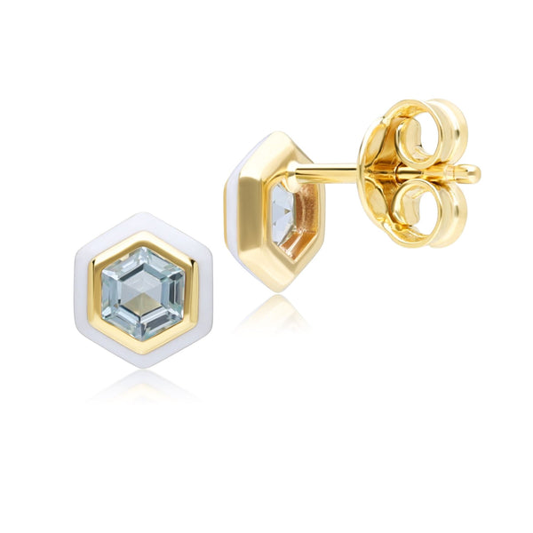 Gemondo Geometric Hex Blue Topaz And White Enamel Stud Earrings In Gold Plated Sterling Silver