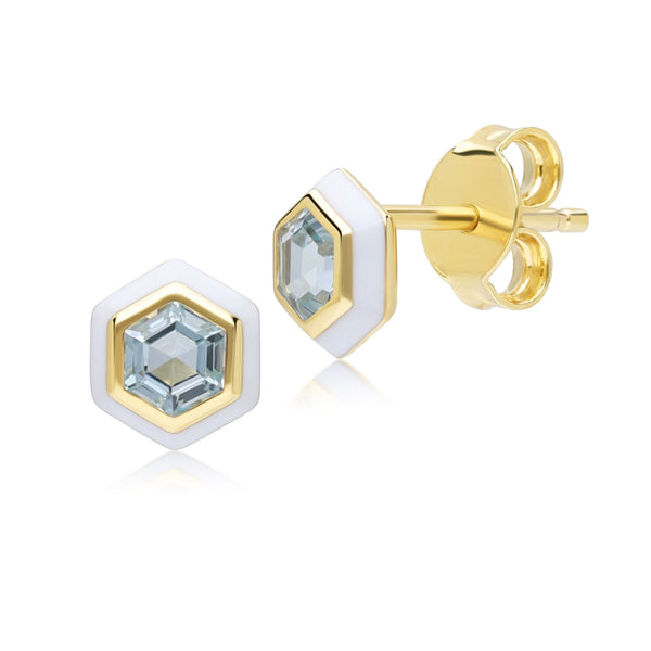 gemondo Geometric Hex Blue Topaz and White Enamel Stud Earrings in Gold Plated Sterling Silver