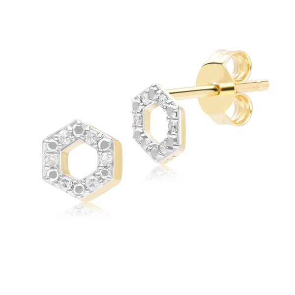 gemondo Geometric Hex Diamond Stud Earrings in 9ct Yellow Gold