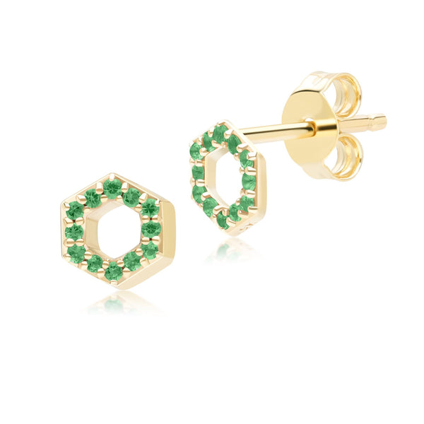 gemondo Geometric Hex Emerald Stud Earrings in 9ct Yellow Gold