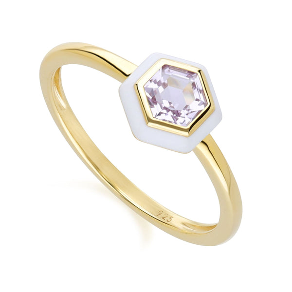 Gemondo Geometric Hex Pink Amethyst And White Enamel Ring In Gold Plated Sterling Silver