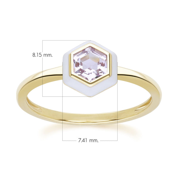 Gemondo Geometric Hex Pink Amethyst And White Enamel Ring In Gold Plated Sterling Silver