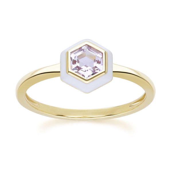 gemondo Geometric Hex Pink Amethyst and White Enamel Ring in Gold Plated Sterling Silver