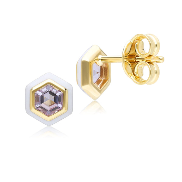 Gemondo Geometric Hex Pink Amethyst And White Enamel Stud Earrings In Gold Plated Sterling Silver