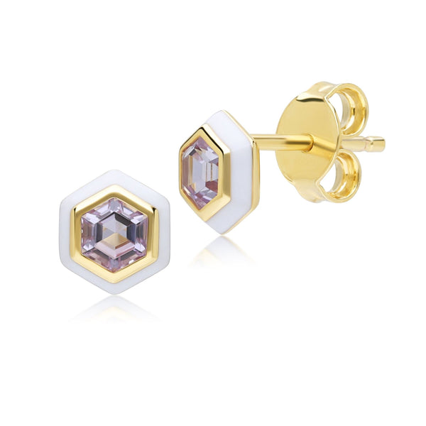 gemondo Geometric Hex Pink Amethyst and White Enamel Stud Earrings in Gold Plated Sterling Silver
