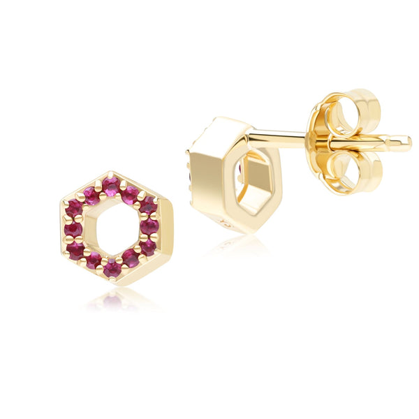 Gemondo Geometric Hex Ruby Stud Earrings In 9ct Yellow Gold