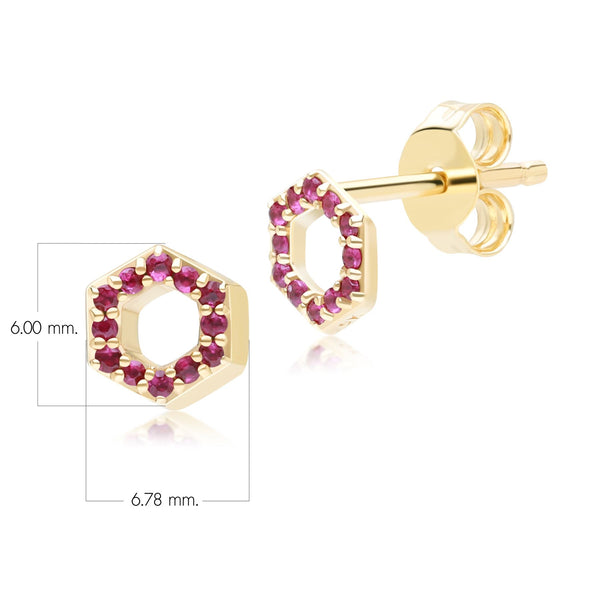 Gemondo Geometric Hex Ruby Stud Earrings In 9ct Yellow Gold