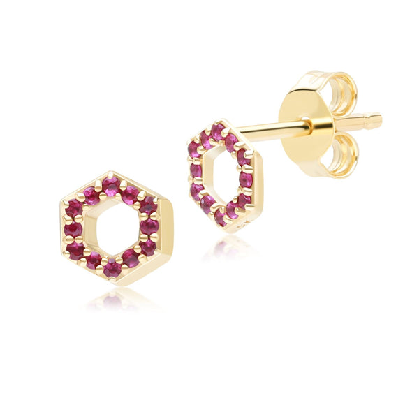 gemondo Geometric Hex Ruby Stud Earrings in 9ct Yellow Gold