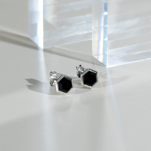 Gemondo Geometric Hexagon Black Onyx Stud Earrings In 925 Sterling Silver