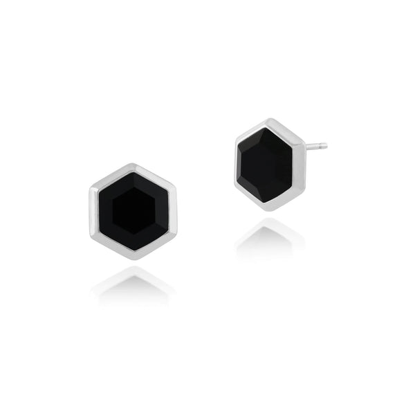 gemondo Geometric Hexagon Black Onyx Stud Earrings in 925 Sterling Silver