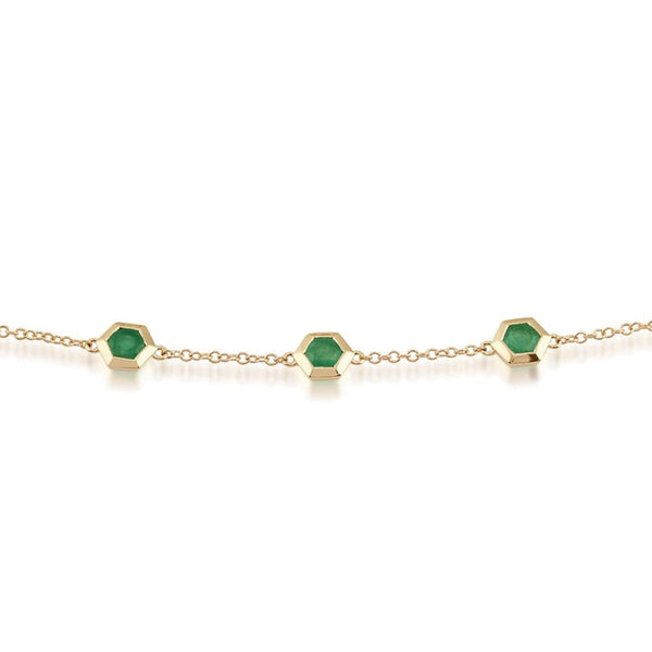 gemondo Geometric Hexagon Emerald Bezel Set Three Stone Bracelet in 9ct Yellow Gold