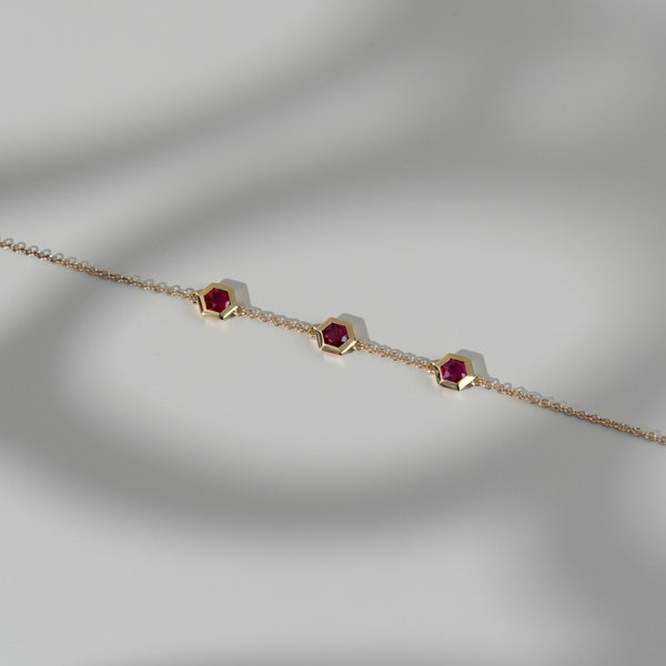 Gemondo Geometric Hexagon Ruby Bezel Set Three Stone Bracelet In 9ct Yellow Gold