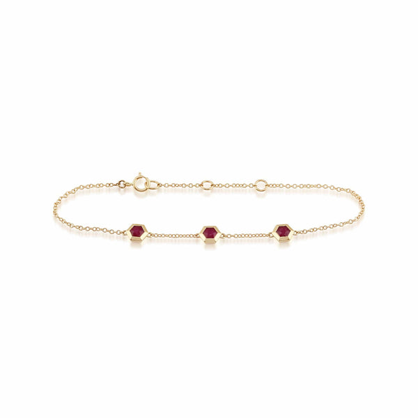 Gemondo Geometric Hexagon Ruby Bezel Set Three Stone Bracelet In 9ct Yellow Gold