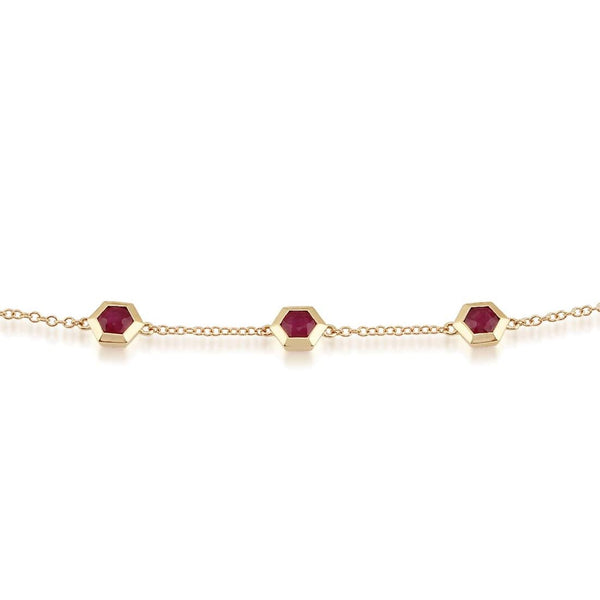 gemondo Geometric Hexagon Ruby Bezel Set Three Stone Bracelet in 9ct Yellow Gold