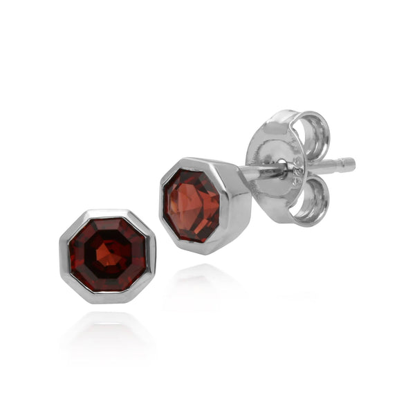 gemondo Geometric Octagon Garnet Bezel Set Stud Earrings in 925 Silver